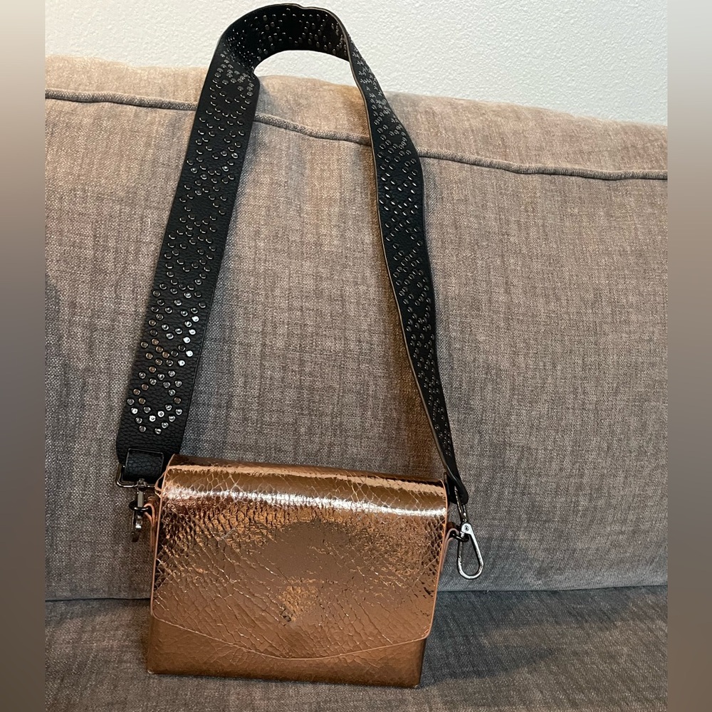 Metallic Bronze Leather Crossbody Bag with Black Crossbody Strap
